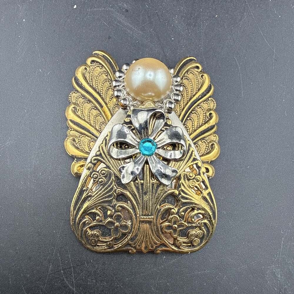Jane Davis Angel of Love Gold Tone Brooch Pin with Rhinestone Vintage, Signed